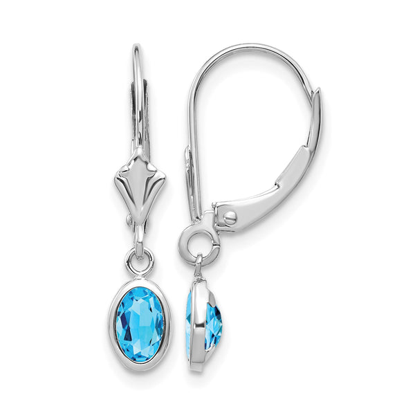 14K White Gold 6x4 Oval Bezel December/Blue Topaz Leverback Earrings - Birthstone Company
