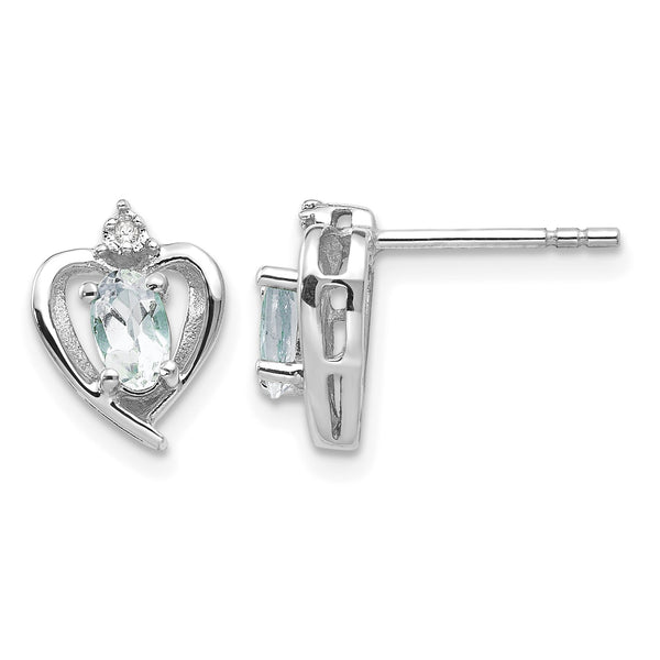 14k White Gold Aquamarine and Diamond Heart Post Earrings - Birthstone Company