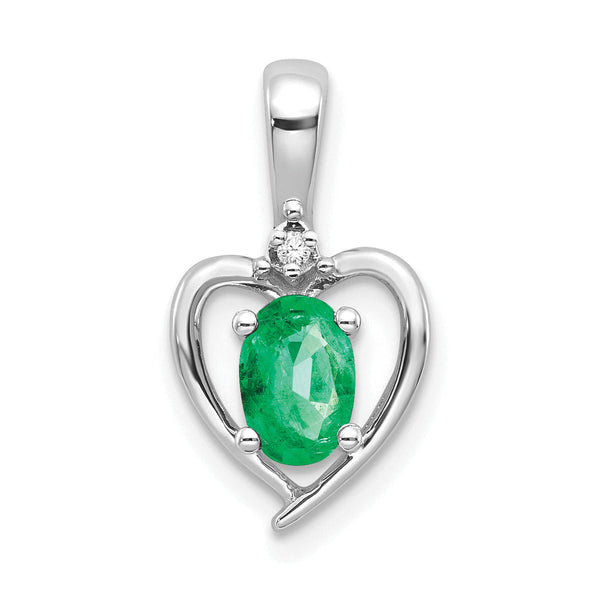 14K White Gold Emerald and Diamond Heart Pendant