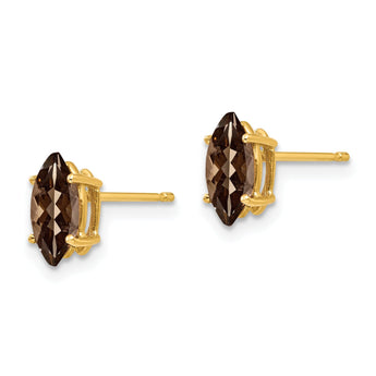 Marquise Checkerboard Smoky Quartz Stud Earrings in 14K Yellow Gold