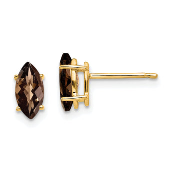 Marquise Checkerboard Smoky Quartz Stud Earrings in 14K Yellow Gold