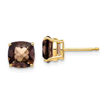 Smoky Quartz Checkerboard Stud Earrings in 14K Yellow Gold, 7mm