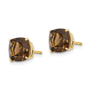 Cushion Smoky Quartz Stud Earrings in 14K Yellow Gold, 7mm