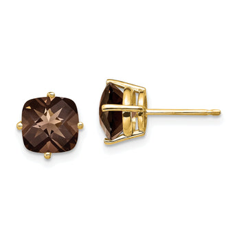 Cushion Smoky Quartz Stud Earrings in 14K Yellow Gold, 7mm