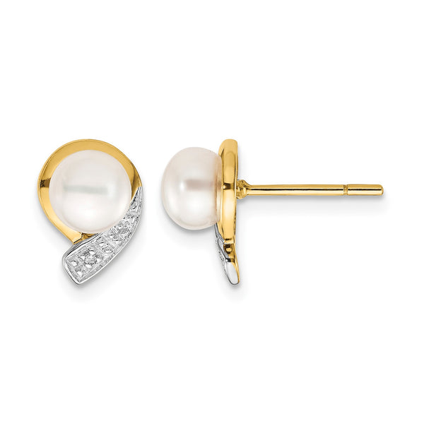 14k 5-6mm White Button FWC Pearl .01ct Diamond Post Earrings - Birthstone Company