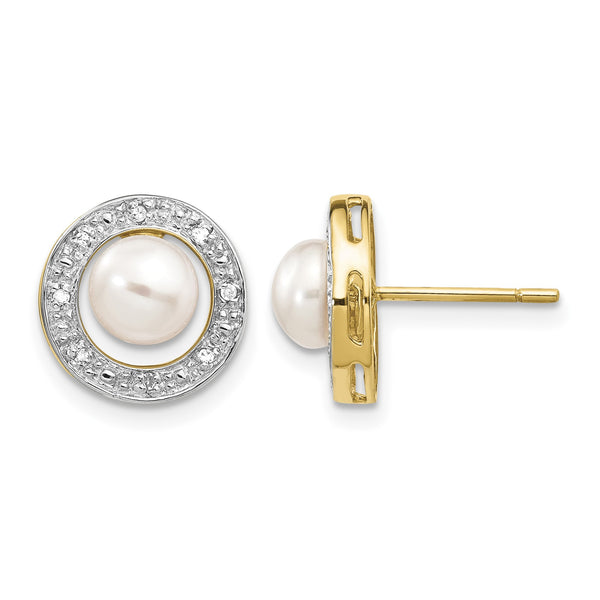 14k and Rhodium 5-6mm Button FWC Pearl .05ct Diamond Post Earrings - Birthstone Company