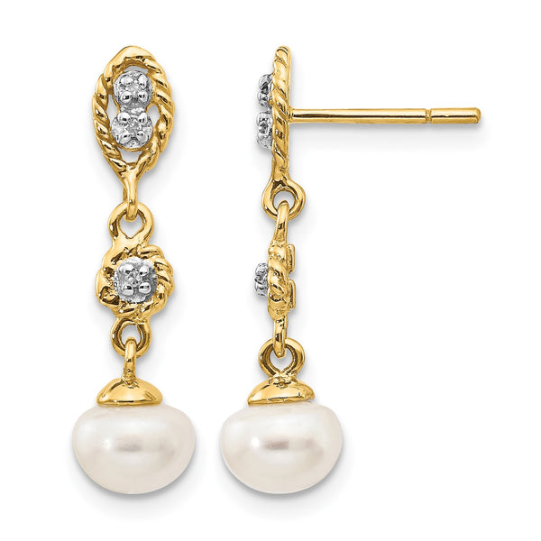 14k w/Rhodium 6-7mm Semi-round FWC Pearl .02ct Diamond Earrings - Birthstone Company
