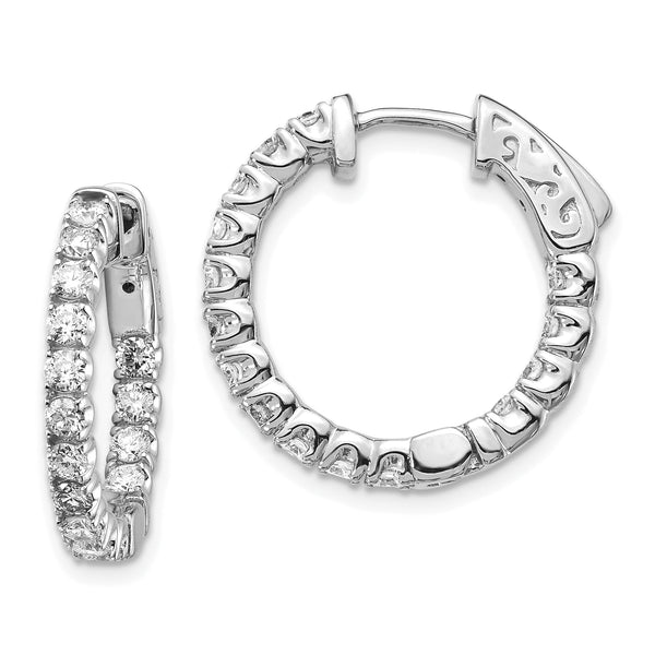 14k White Gold Diamond Round Hoop w/Safety Clasp Earrings