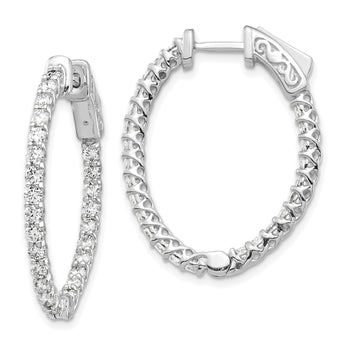 14k White Gold Diamond Oval Hoop w/Safety Clasp Earrings