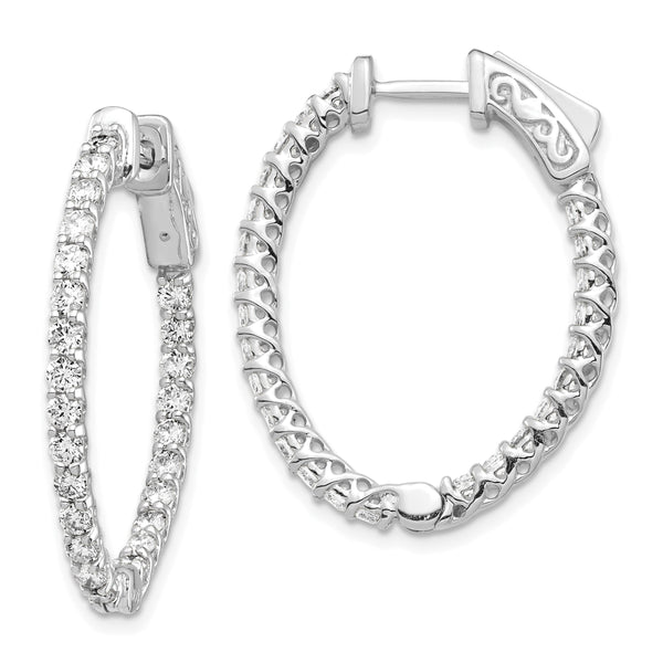 14k White Gold Diamond Oval Hoop w/Safety Clasp Earrings