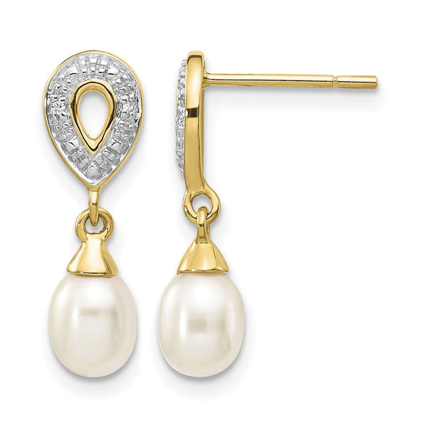 14k 7x5mm White Teardrop FWC Pearl .01ct Diamond Dangle Earrings - Birthstone Company