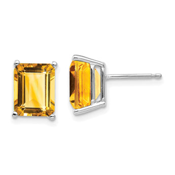 14k White Gold 9x7mm Emerald Cut Citrine Earrings