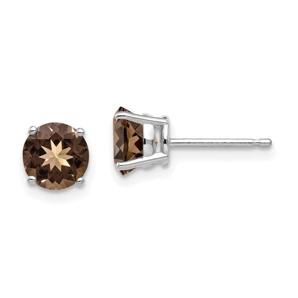 Round Smoky Quartz Stud Earrings in 14K White Gold, 6mm