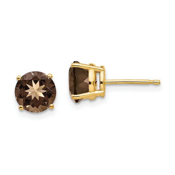 Round Smoky Quartz Stud Earrings in 14K Yellow Gold, 7mm