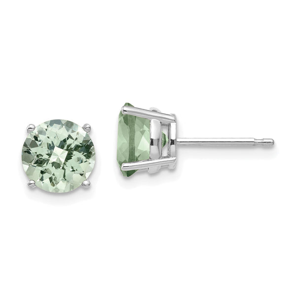 Round Checker-Cut Green Quartz Stud Earrings in 14K White Gold, 7mm