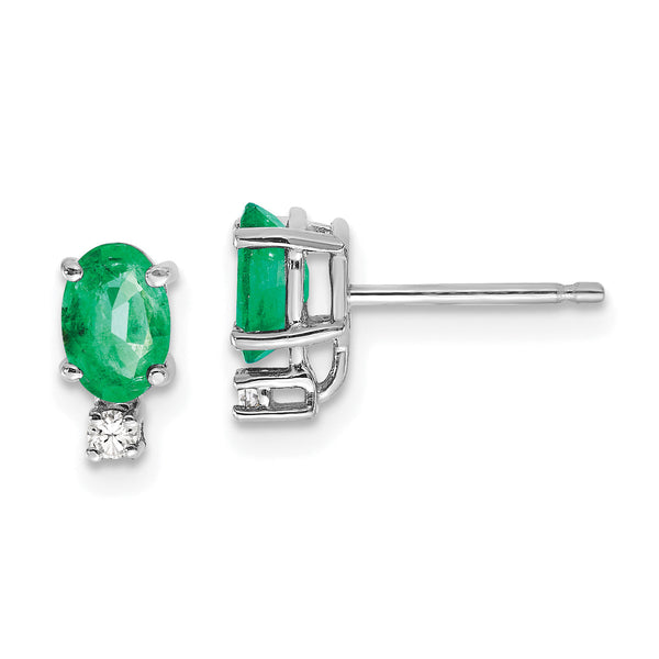 14k White Gold 6x4mm Oval Emerald and AAA Quality Diamond Post Earrings