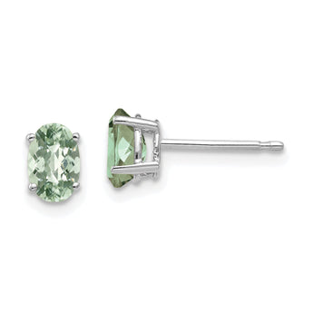 Oval Checker-Cut Green Quartz Stud Earrings in 14K White Gold, 6x4mm