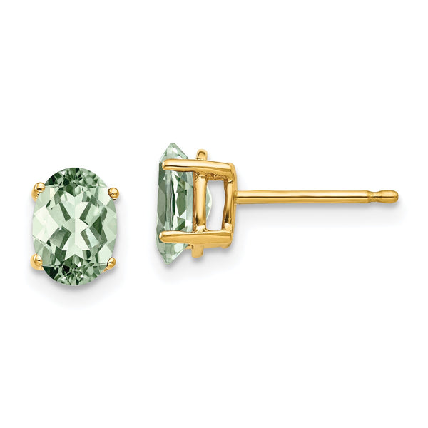 Oval Green Quartz Stud Earrings in 14K Yellow Gold, 7x5mm
