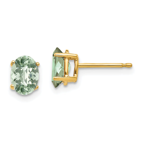 Oval Checker-Cut Green Quartz Stud Earrings in 14K Yellow Gold, 7x5mm