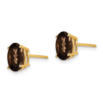 Oval Smoky Quartz Stud Earrings in 14K Yellow Gold, 8x6mm