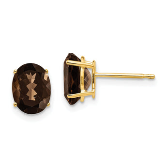 Oval Smoky Quartz Stud Earrings in 14K Yellow Gold, 8x6mm