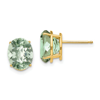 Oval Checker-Cut Green Quartz Stud Earrings in 14K Yellow Gold, 10x8mm