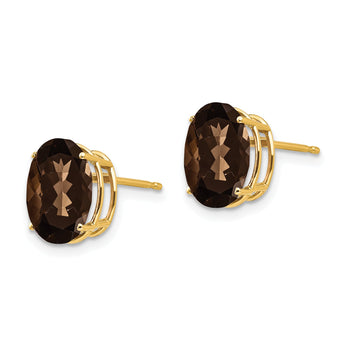 Oval Smoky Quartz Stud Earrings in 14K Yellow Gold, 10x8mm
