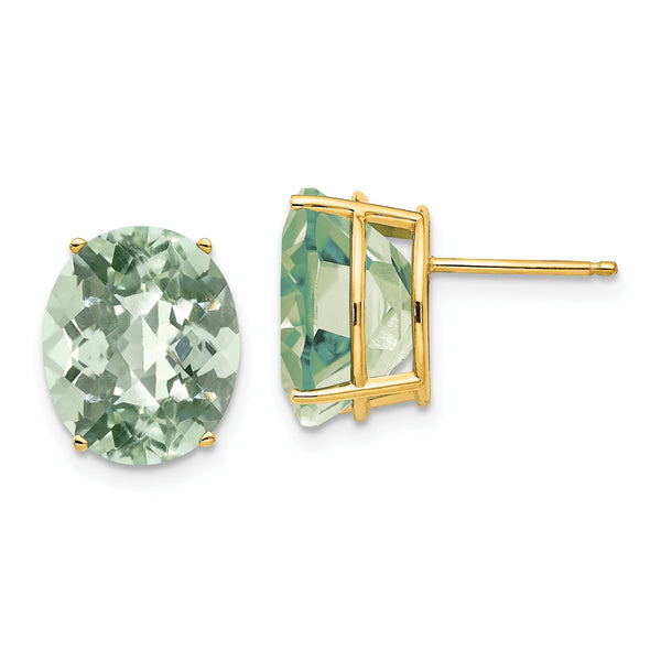 Checker-Cut Green Quartz Stud Earrings in 14K Yellow Gold, 12x10mm