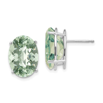 Oval Checker-Cut Green Quartz Stud Earrings in 14K White Gold, 14x10mm