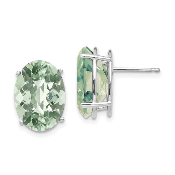 Oval Checker-Cut Green Quartz Stud Earrings in 14K White Gold, 14x10mm