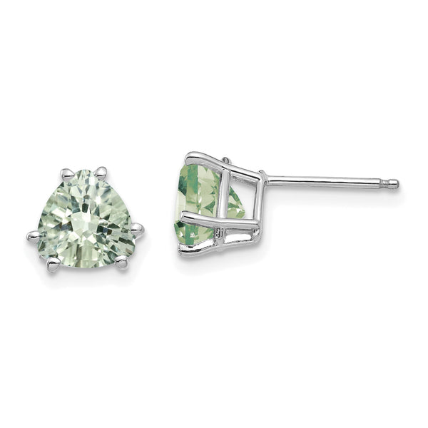 Trillion Checker-Cut Green Quartz Stud Earrings in 14K White Gold, 7mm
