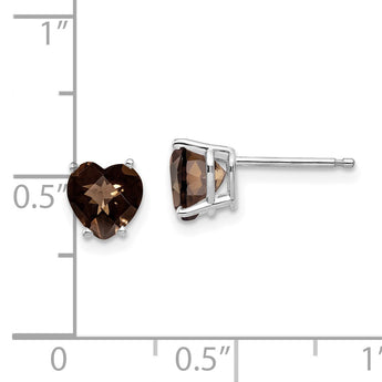 Heart Checker-Cut Smoky Quartz Stud Earrings in 14K White Gold, 6mm