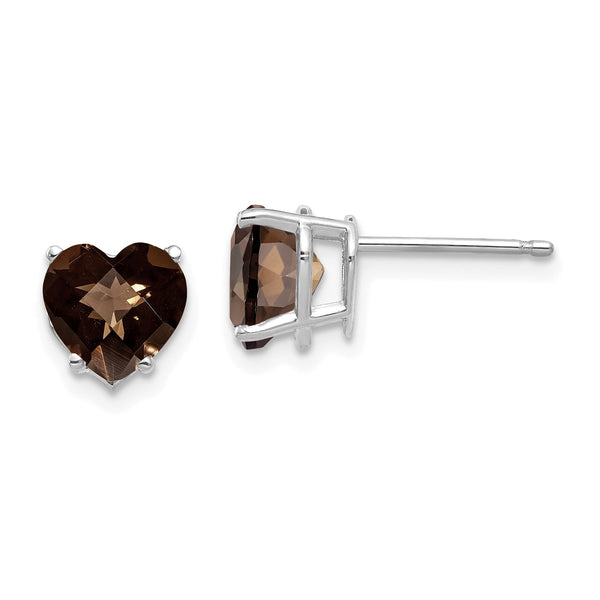 Heart Checker-Cut Smoky Quartz Stud Earrings in 14K White Gold, 7mm