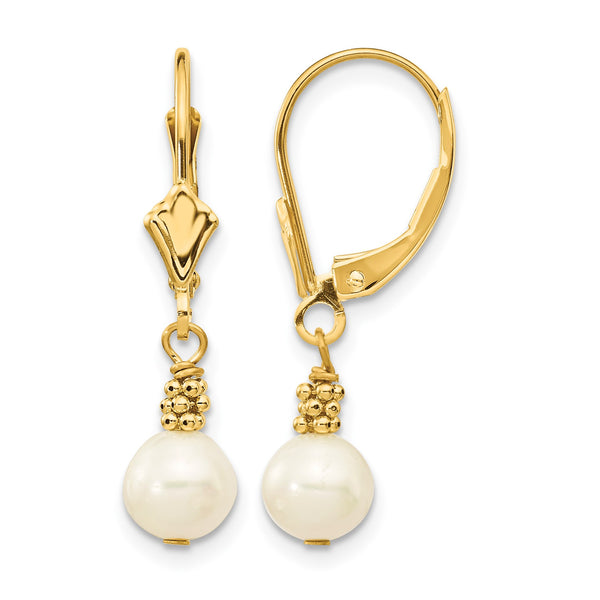 14K 5-6mm White Semi-round Freshwater Cultured Pearl Leverback Earrings - Birthstone Company