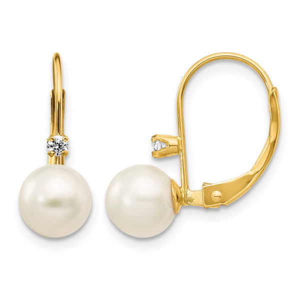 14K 6-7mm Round White FWC Pearl .06ct. Diamond Leverback Earrings - Birthstone Company