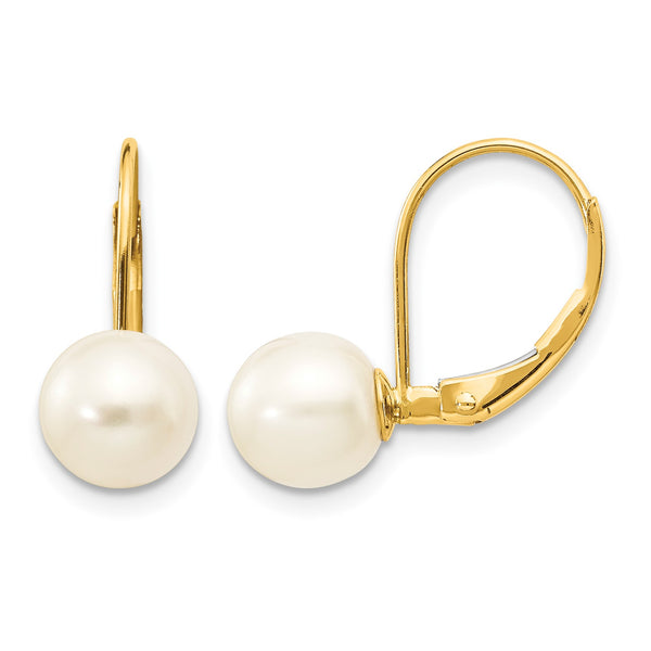 14K 7-8mm White Round Freshwater Cultured Pearl Leverback Earrings - Birthstone Company