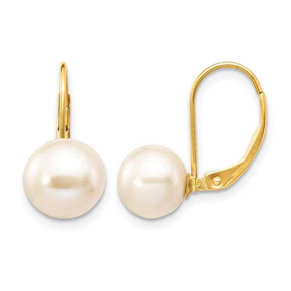 14K 8-9mm White Round Freshwater Cultured Pearl Leverback Earrings - Birthstone Company