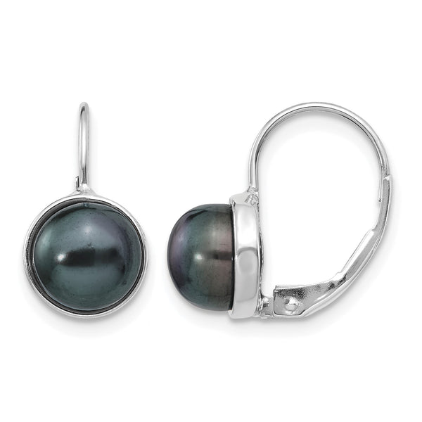 14K White Gold 6-7mm Black Button FW Cultured Pearl Leverback Earrings - Birthstone Company