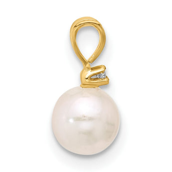 14K 5-6mm Round White Saltwater Akoya Cultured Pearl Diamond Pendant - Birthstone Company