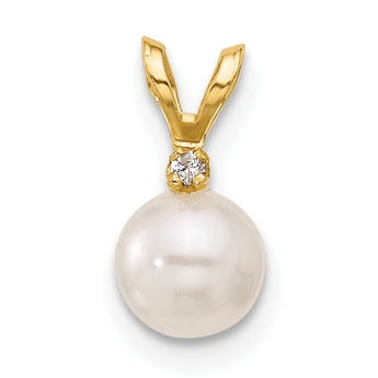 14K 5-6mm Round White Saltwater Akoya Cultured Pearl Diamond Pendant - Birthstone Company
