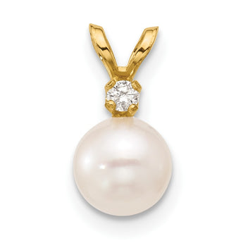 14K 6-7mm Round White Saltwater Akoya Cultured Pearl Diamond Pendant - Birthstone Company