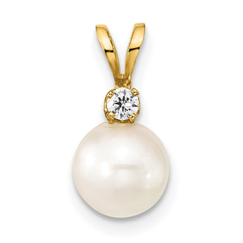 14K 7-8mm Round White Saltwater Akoya Cultured Pearl Diamond Pendant - Birthstone Company
