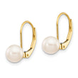 14k 6-7mm White Round Saltwater Akoya Cultured Pearl Leverback Earrings - Birthstone Company