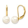 14k 7-8mm White Round Saltwater Akoya Cultured Pearl Leverback Earrings - Birthstone Company