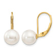 14k 8-9mm White Round Saltwater Akoya Cultured Pearl Leverback Earrings - Birthstone Company