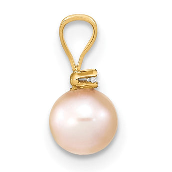 14K 5-6mm Round Pink Freshwater Cultured Pearl Diamond Pendant - Birthstone Company