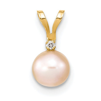 14K 5-6mm Round Pink Freshwater Cultured Pearl Diamond Pendant - Birthstone Company