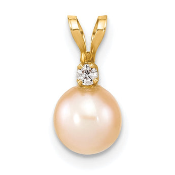 14K 6-7mm Round Pink Freshwater Cultured Pearl Diamond Pendant - Birthstone Company