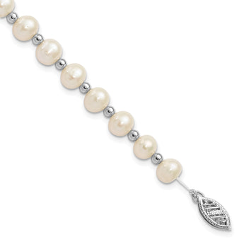 14k White Gold 6-7mm White Near Round FW Cultured Pearl Bead Bracelet - Birthstone Company