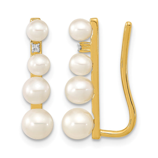 14k 3-5mm FW Cultured Pearl .016ct Diamond Ear Climber Earrings - Birthstone Company